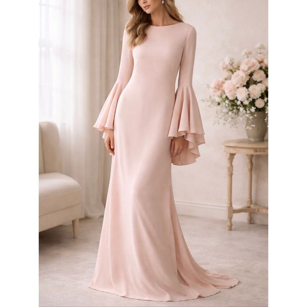 Sposa Bella Blush Pink Maxi Dress Bell Sleeve Formal Modest M